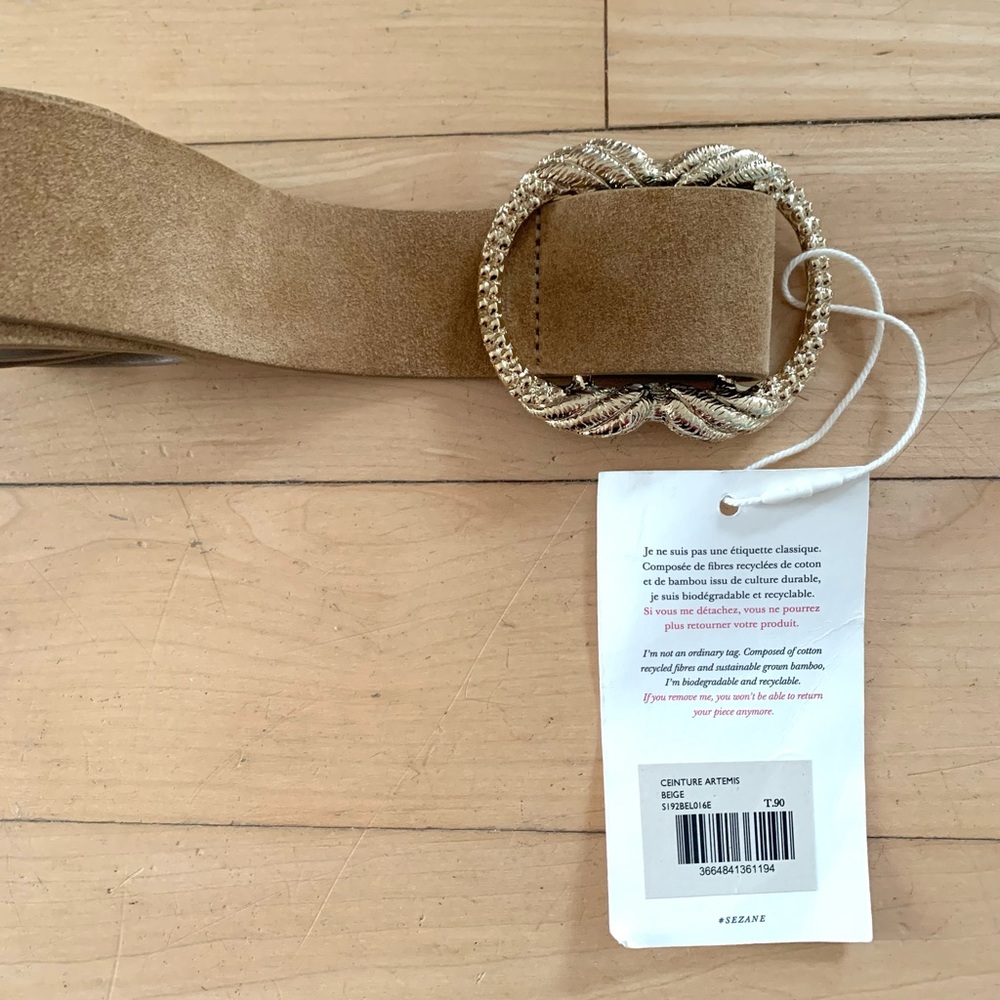 Sezane Artemis Tan Suede Women's Belt with Gold Decorative Buckle - Picture 9 of 12